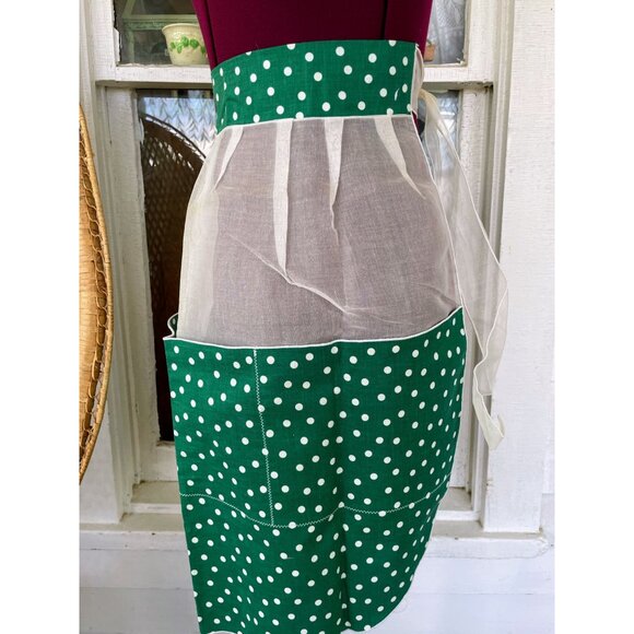 Vintage 1950s Half Apron Organdy Linen Gree Polka dot Original tags - Picture 9 of 11
